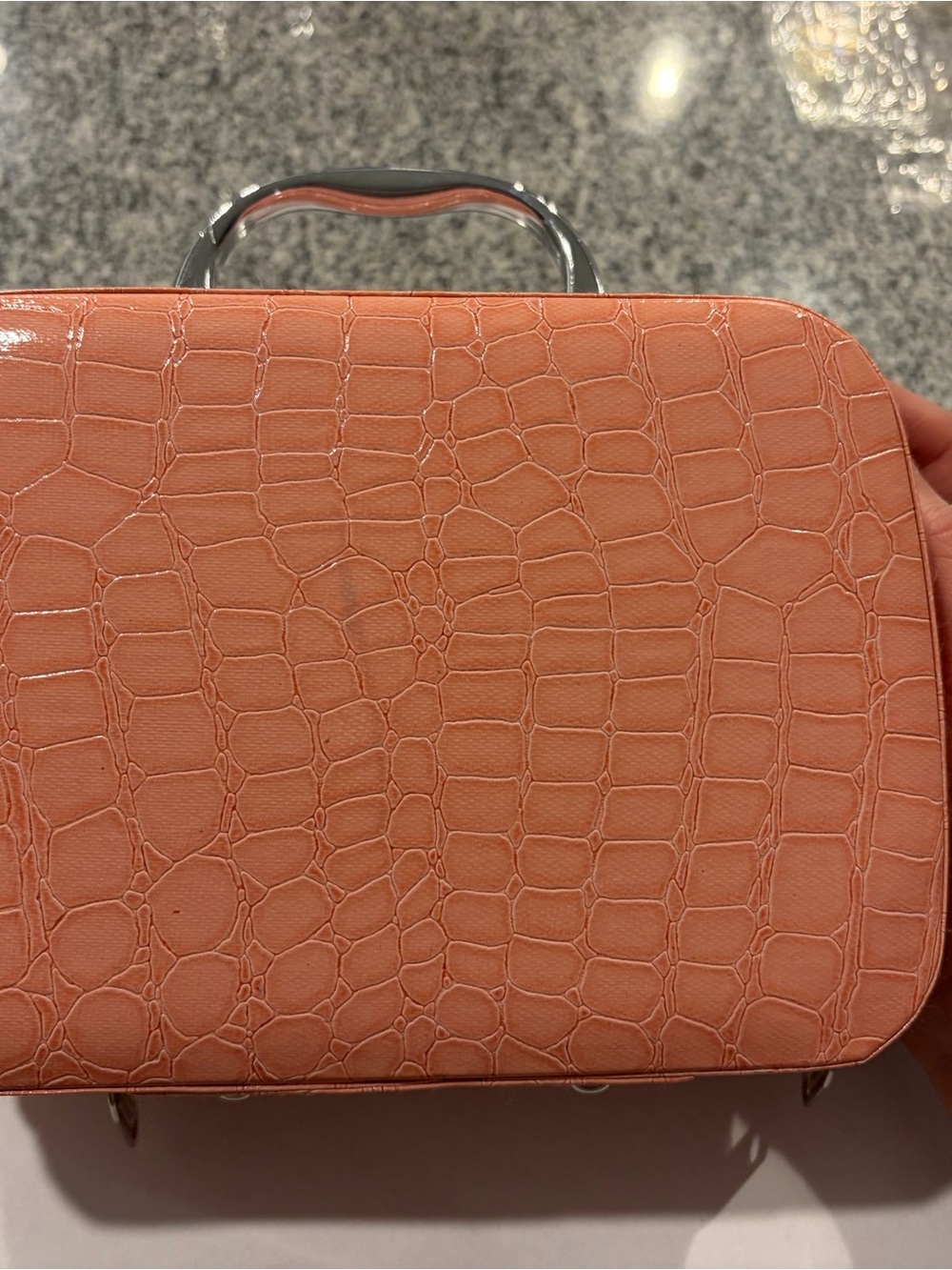Croc-Embossed Peach Cosmetic Case with Metal Handle